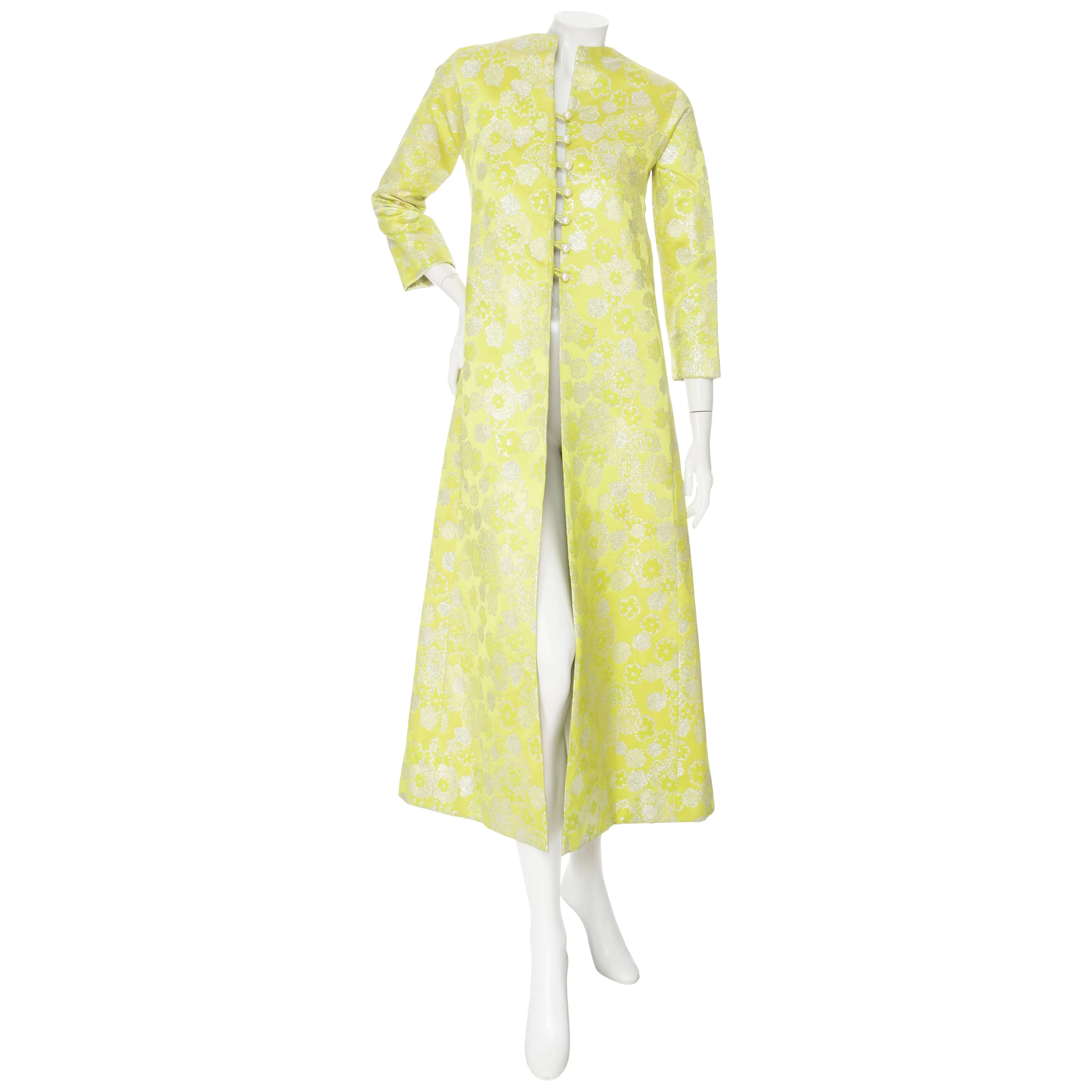 1960s Haute Couture Lime Floral Brocade Caftan