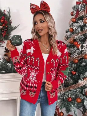 1pc Festive Christmas Knit Cardigan for Women - Casual Style V-Neck Open Front Cardigan with Festive Holiday Patterns, Thick Acrylic Yarn, Loose Fit - Red with Color Block Details