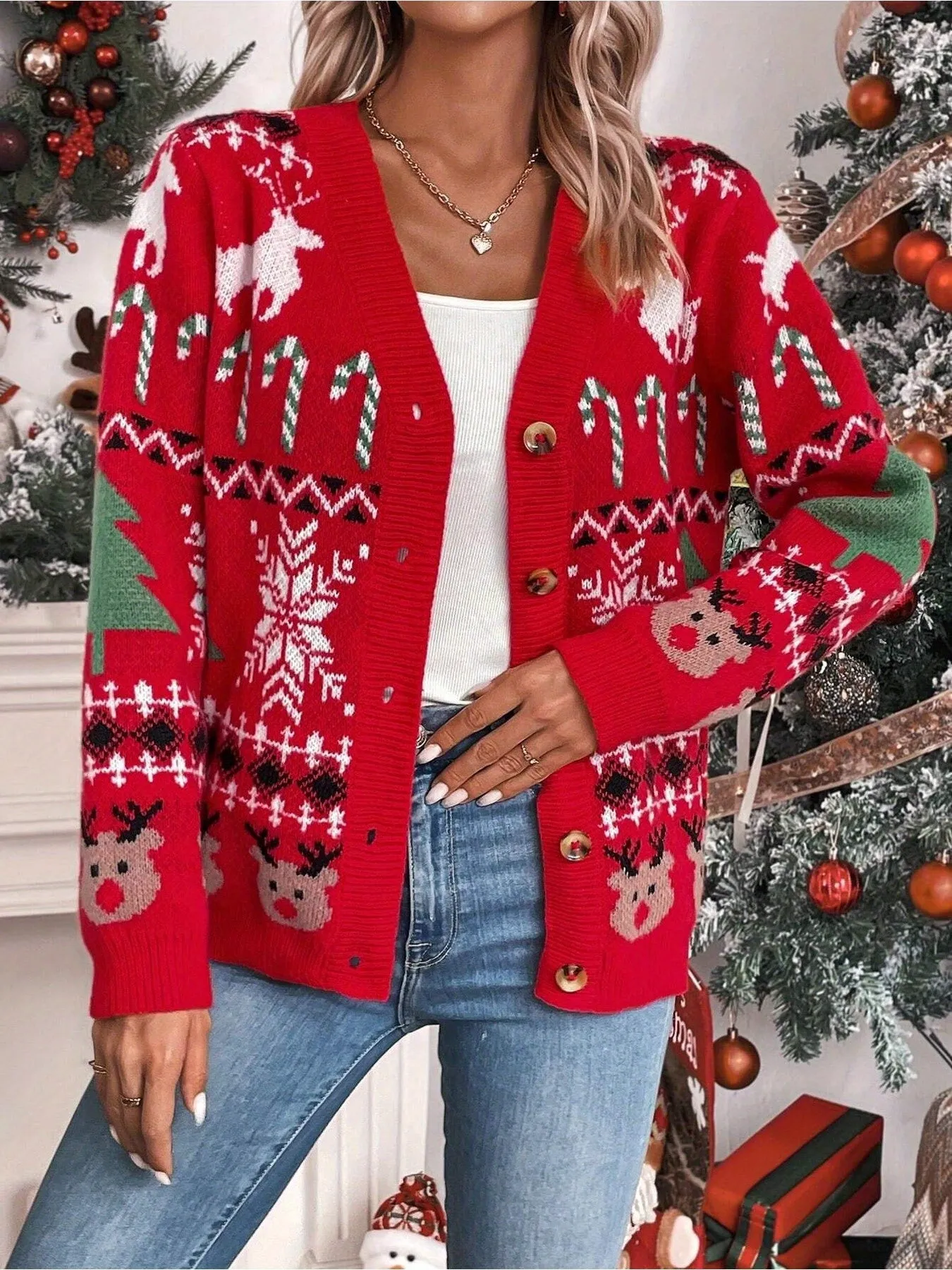 1pc Festive Christmas Knit Cardigan for Women - Casual Style V-Neck Open Front Cardigan with Festive Holiday Patterns, Thick Acrylic Yarn, Loose Fit - Red with Color Block Details