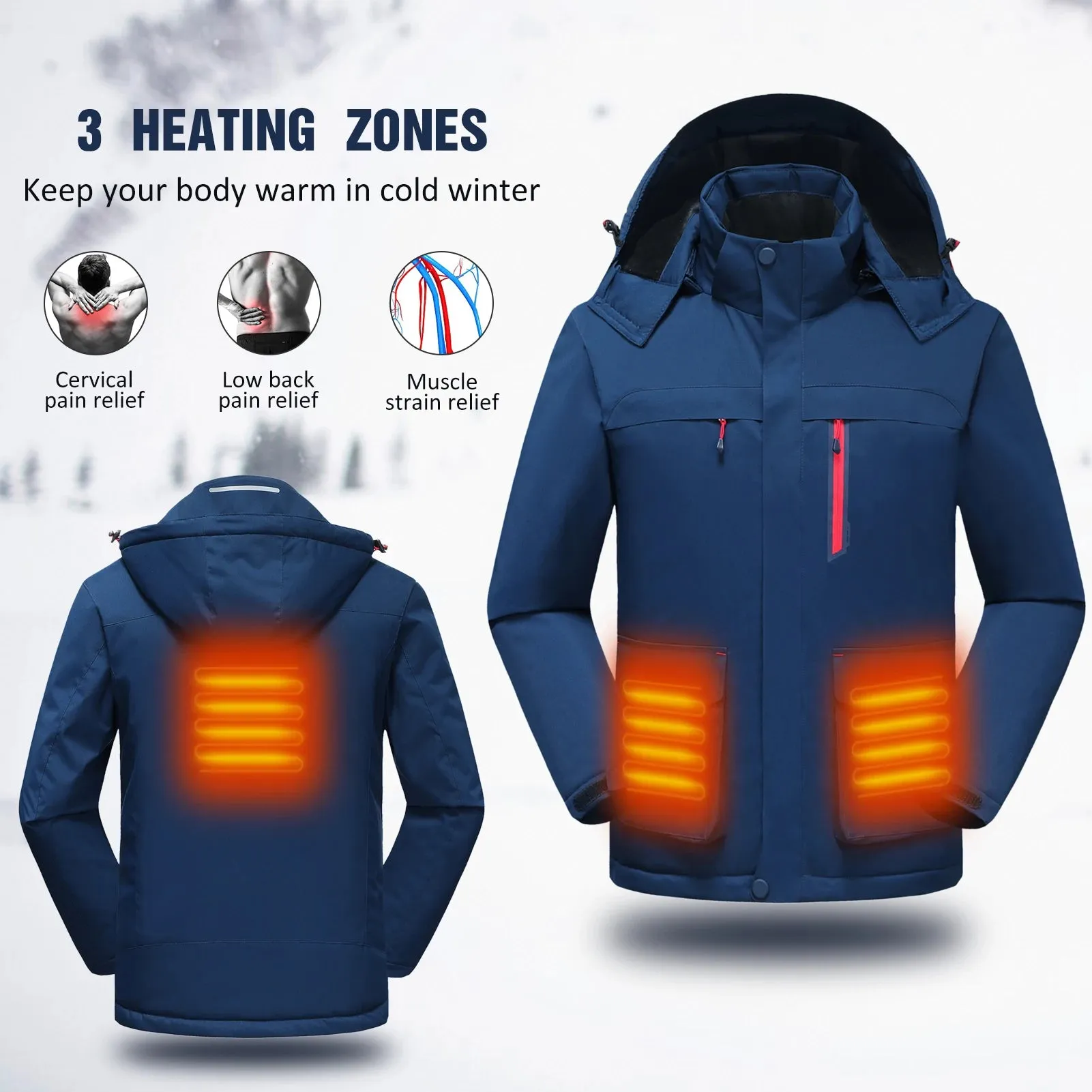 2021 New Heated Jacket with Detachable Hood Winter Warm Heating Jackets Waterproof Rain Coat Windbreaker Clothing Jacket Men