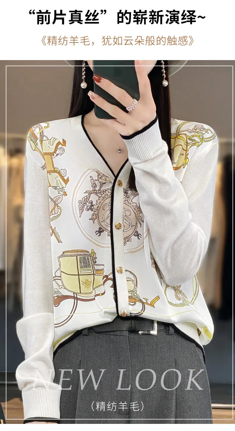 2023 Spring Summer New Cardigan Women's Coat Top Longsleeved Loose V-Neck Printed Stitching Sweater Fine Imitation Wool Cardigan