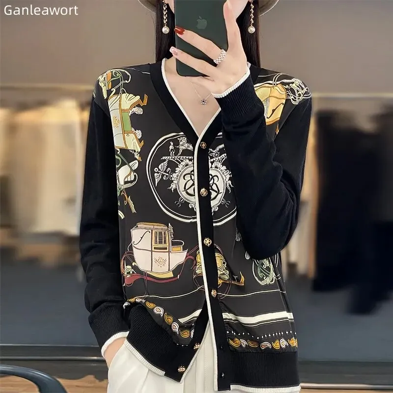 2023 Spring Summer New Cardigan Women's Coat Top Longsleeved Loose V-Neck Printed Stitching Sweater Fine Imitation Wool Cardigan