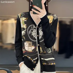 2023 Spring Summer New Cardigan Women's Coat Top Longsleeved Loose V-Neck Printed Stitching Sweater Fine Imitation Wool Cardigan