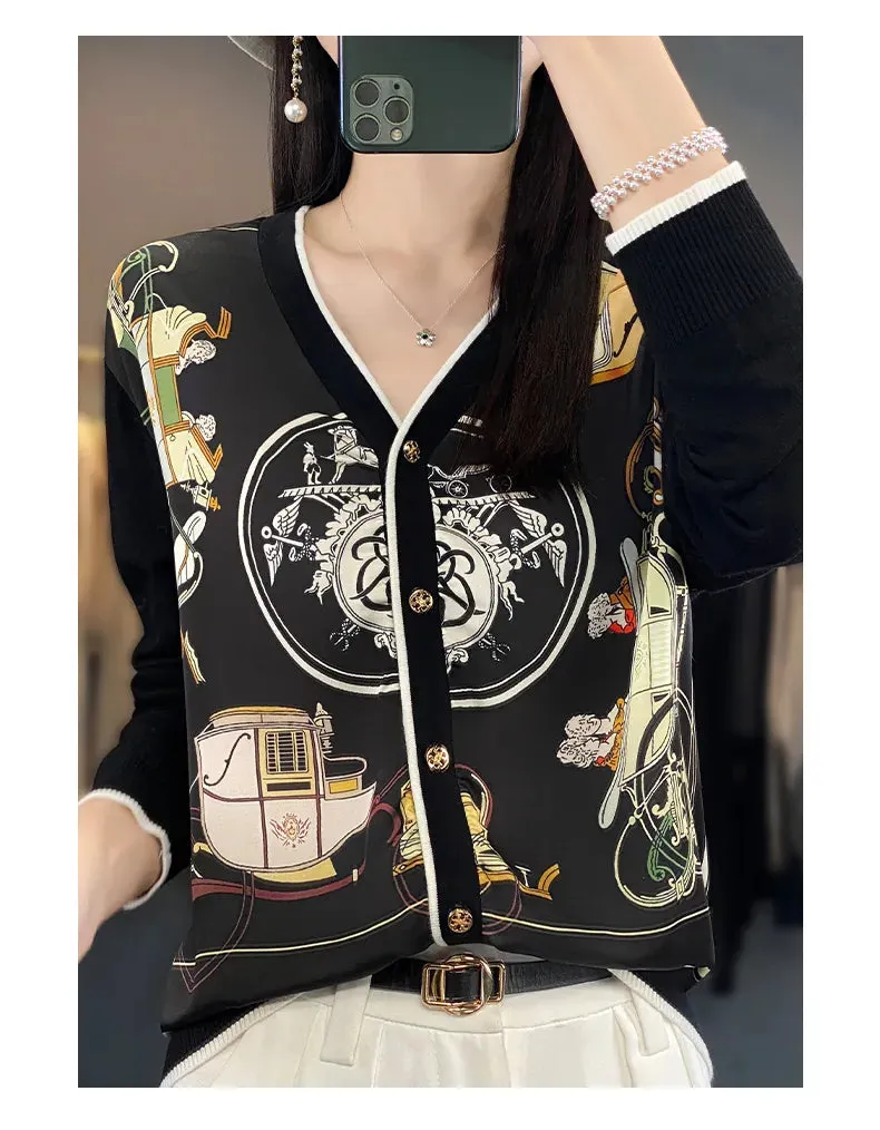 2023 Spring Summer New Cardigan Women's Coat Top Longsleeved Loose V-Neck Printed Stitching Sweater Fine Imitation Wool Cardigan