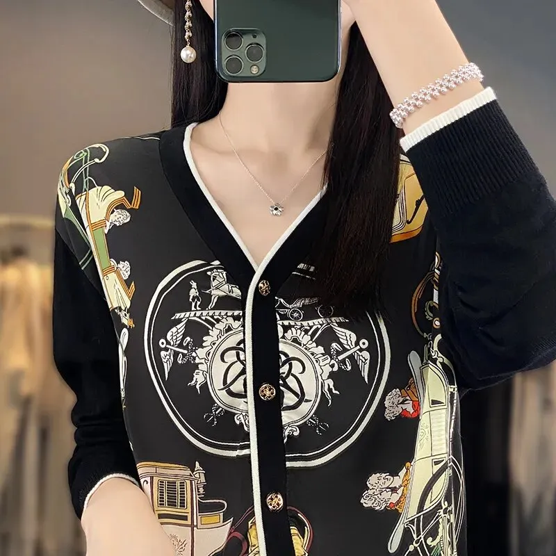 2023 Spring Summer New Cardigan Women's Coat Top Longsleeved Loose V-Neck Printed Stitching Sweater Fine Imitation Wool Cardigan