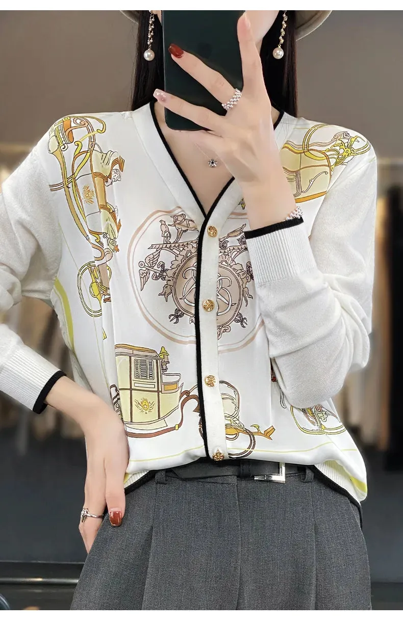 2023 Spring Summer New Cardigan Women's Coat Top Longsleeved Loose V-Neck Printed Stitching Sweater Fine Imitation Wool Cardigan