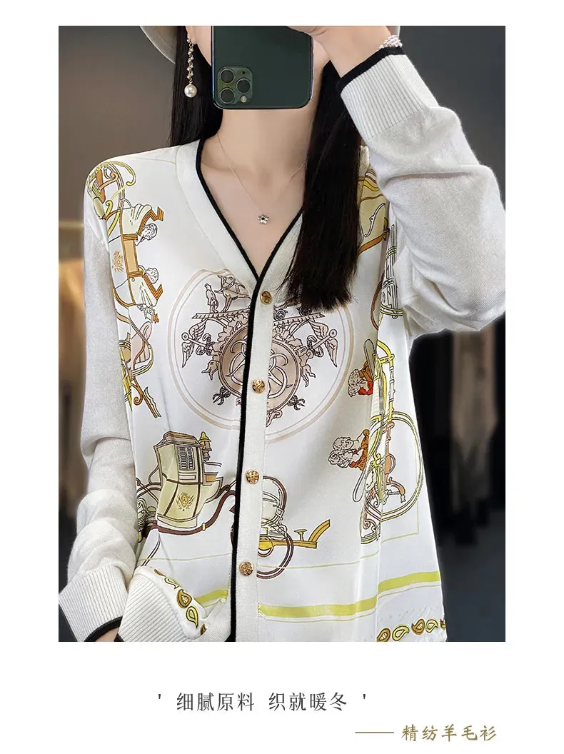 2023 Spring Summer New Cardigan Women's Coat Top Longsleeved Loose V-Neck Printed Stitching Sweater Fine Imitation Wool Cardigan