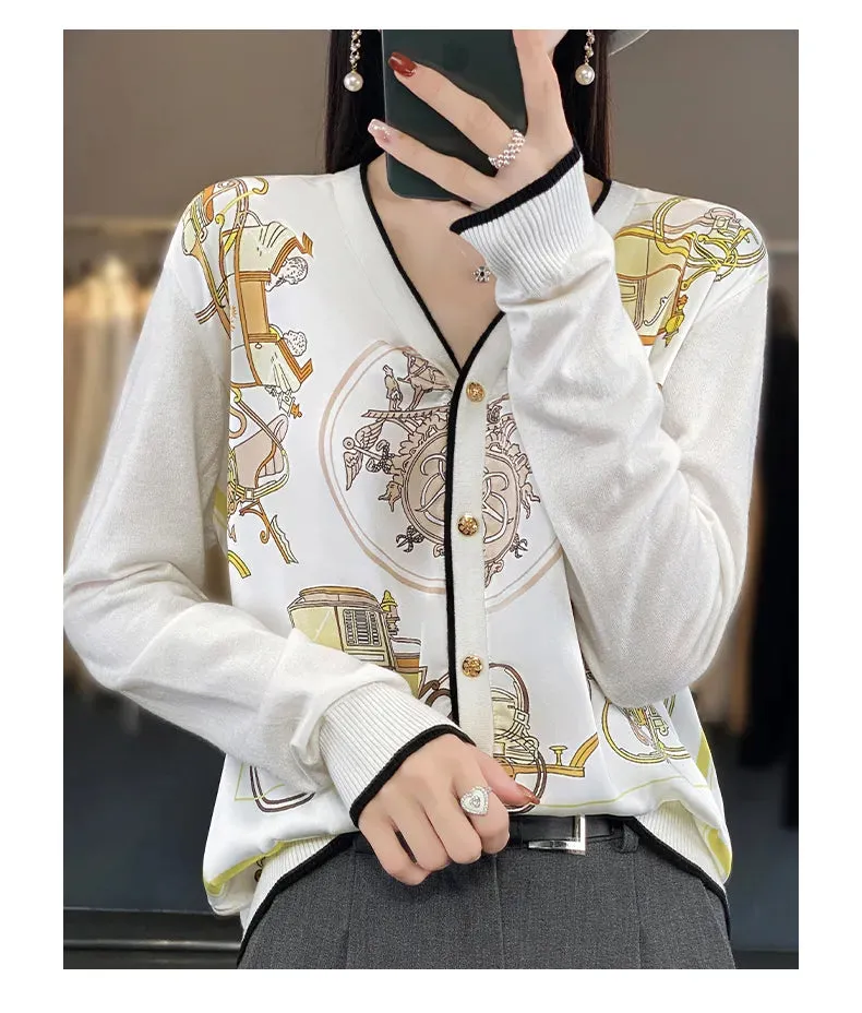 2023 Spring Summer New Cardigan Women's Coat Top Longsleeved Loose V-Neck Printed Stitching Sweater Fine Imitation Wool Cardigan