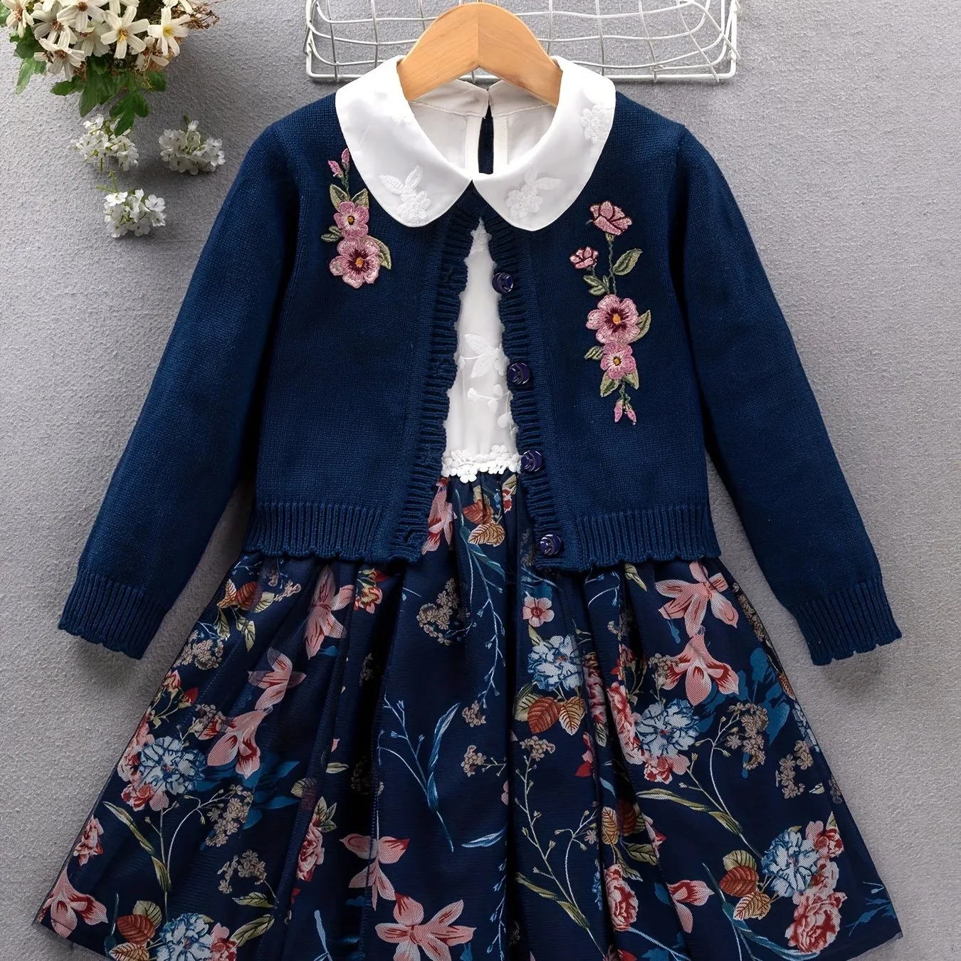 2PCS, 57% cotton Girl's Princess-Style Doll Collar Dress   Long-Sleeve Knit Cardigan - Comfy Fit And Fashion Design - Spring & Fall Clothes, Gift