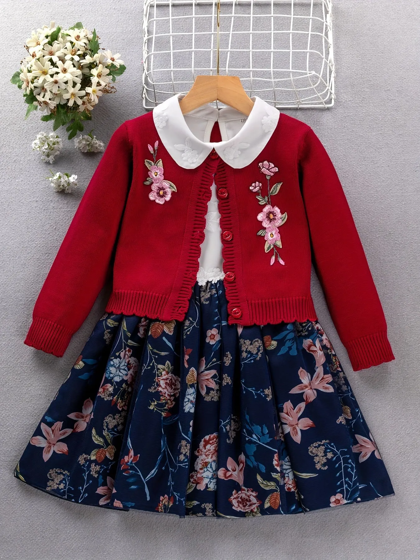 2PCS, 57% cotton Girl's Princess-Style Doll Collar Dress   Long-Sleeve Knit Cardigan - Comfy Fit And Fashion Design - Spring & Fall Clothes, Gift