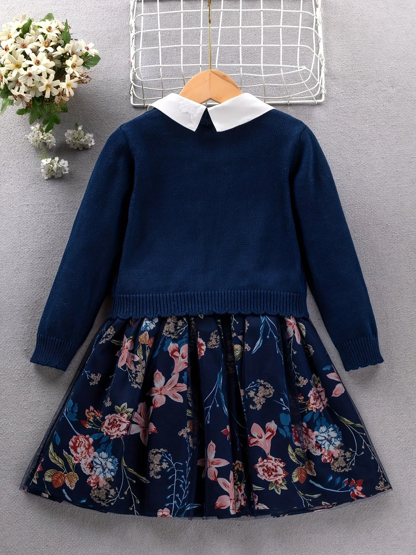 2PCS, 57% cotton Girl's Princess-Style Doll Collar Dress   Long-Sleeve Knit Cardigan - Comfy Fit And Fashion Design - Spring & Fall Clothes, Gift