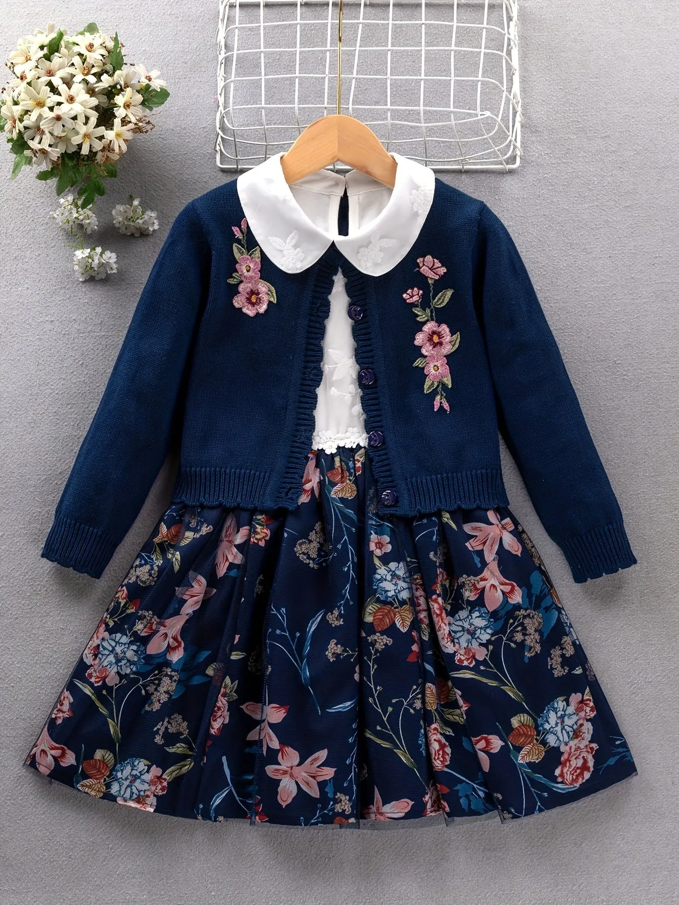 2PCS, 57% cotton Girl's Princess-Style Doll Collar Dress   Long-Sleeve Knit Cardigan - Comfy Fit And Fashion Design - Spring & Fall Clothes, Gift