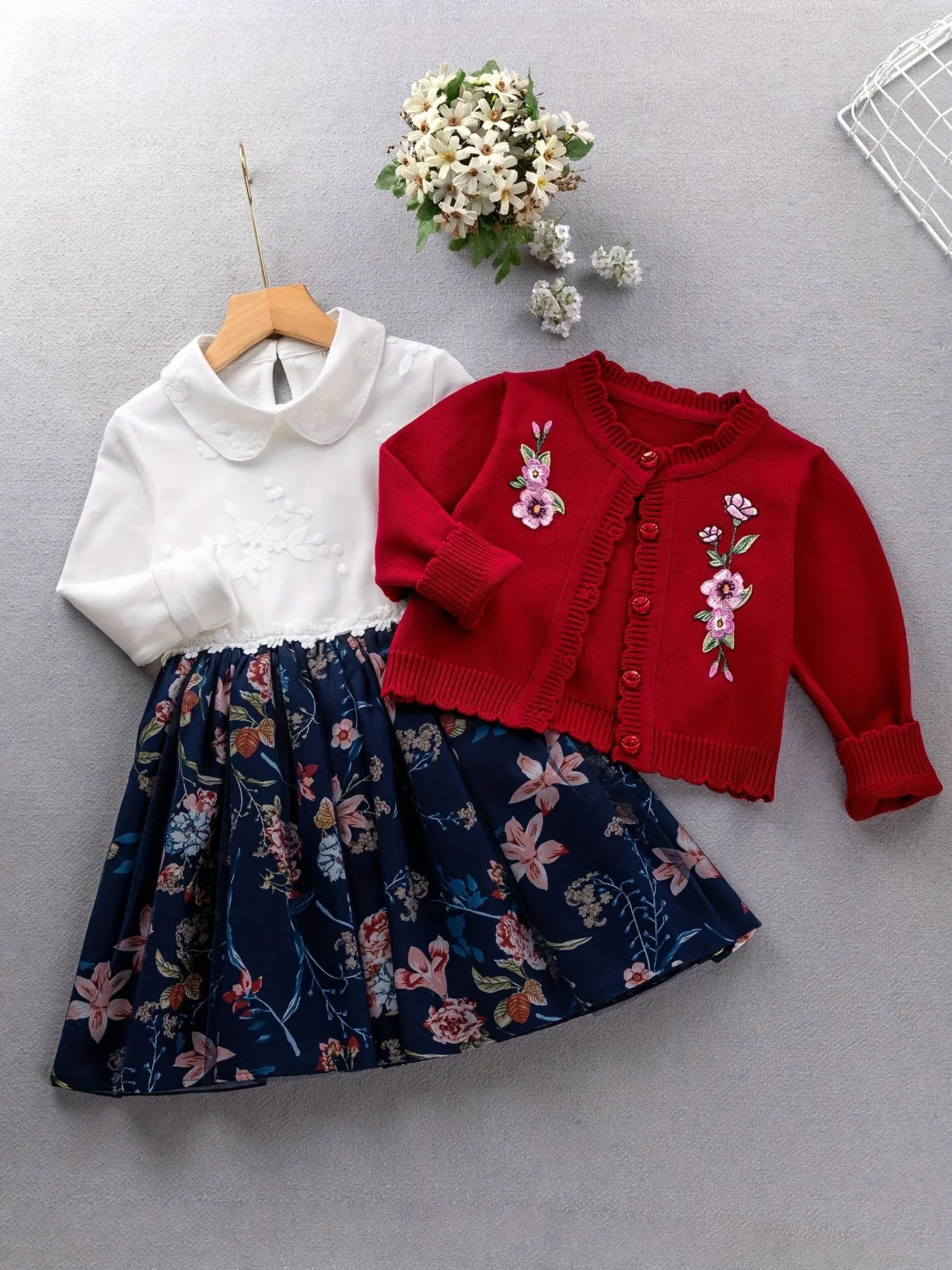 2PCS, 57% cotton Girl's Princess-Style Doll Collar Dress   Long-Sleeve Knit Cardigan - Comfy Fit And Fashion Design - Spring & Fall Clothes, Gift