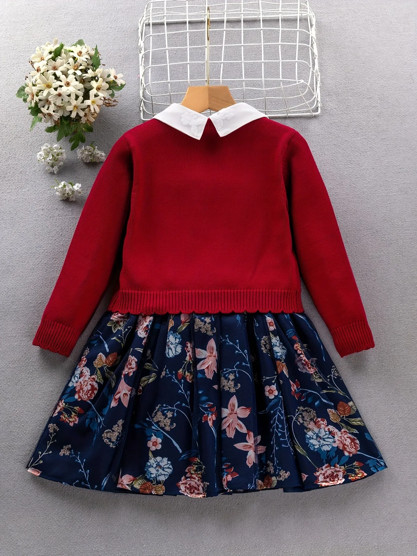 2PCS, 57% cotton Girl's Princess-Style Doll Collar Dress   Long-Sleeve Knit Cardigan - Comfy Fit And Fashion Design - Spring & Fall Clothes, Gift