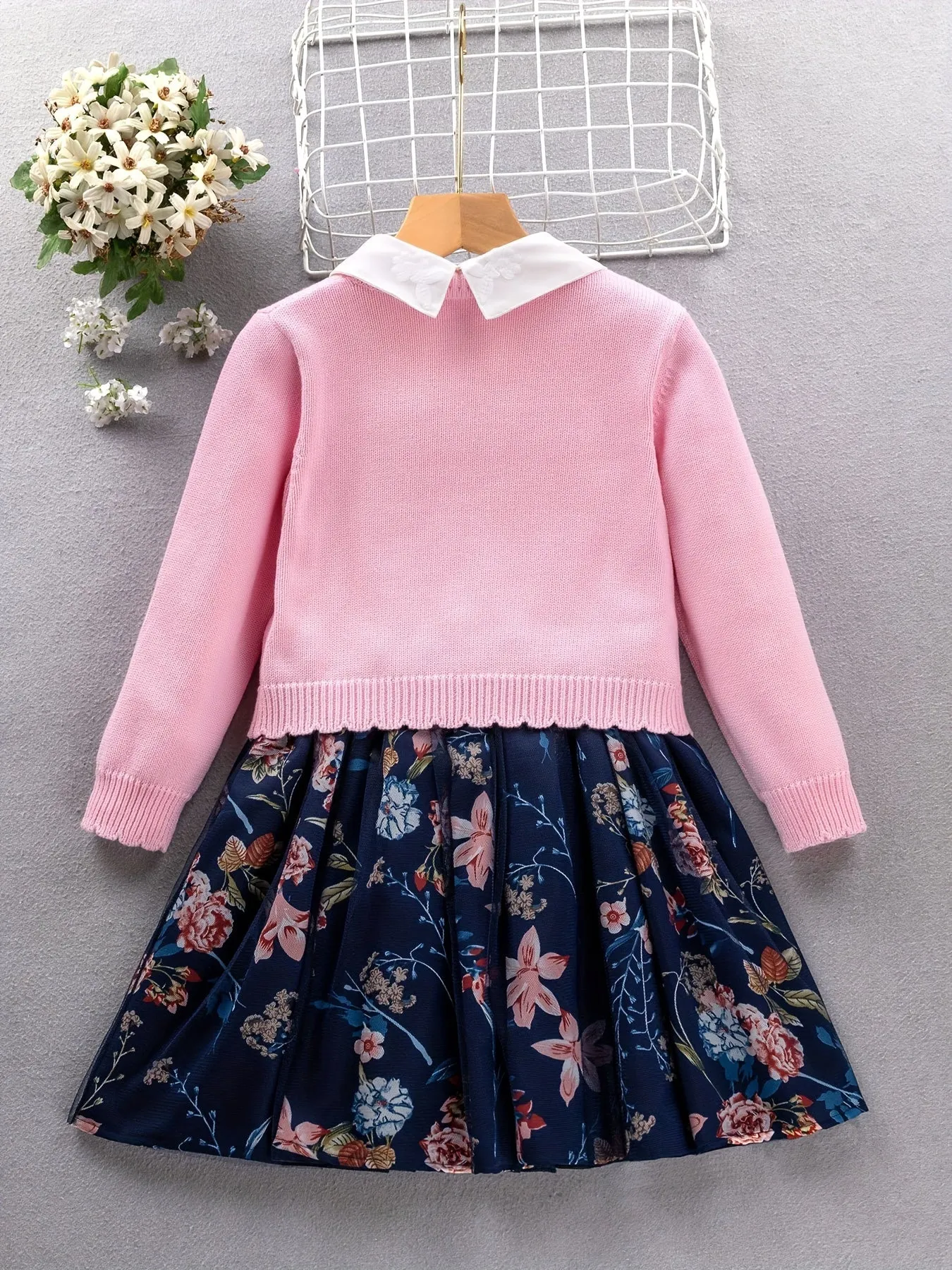 2PCS, 57% cotton Girl's Princess-Style Doll Collar Dress   Long-Sleeve Knit Cardigan - Comfy Fit And Fashion Design - Spring & Fall Clothes, Gift