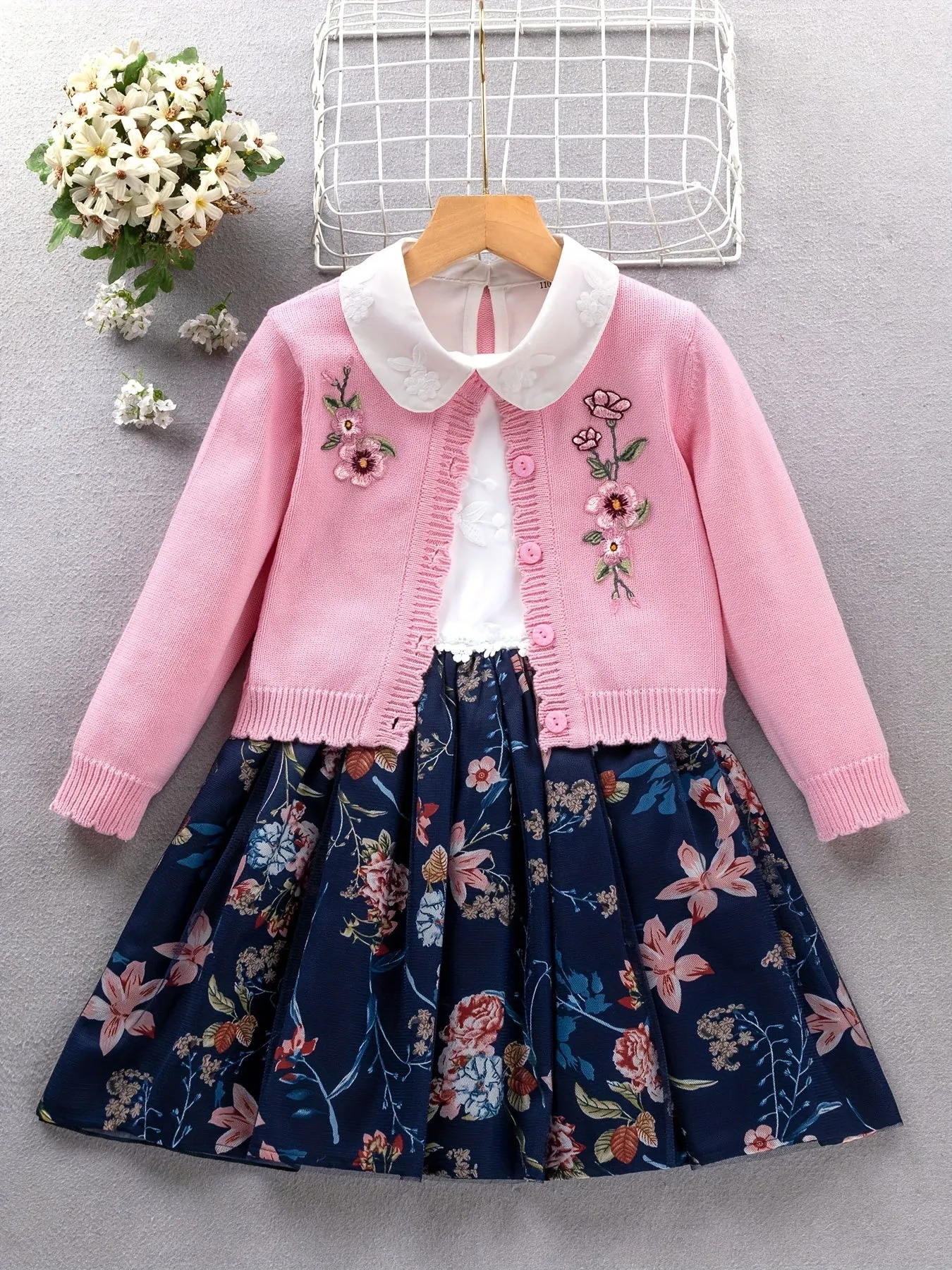 2PCS, 57% cotton Girl's Princess-Style Doll Collar Dress   Long-Sleeve Knit Cardigan - Comfy Fit And Fashion Design - Spring & Fall Clothes, Gift