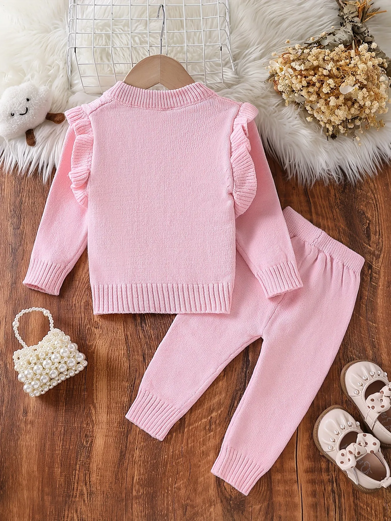 2pcs Baby's Solid Color Cable Knit Cardigan   Casual Knitted Pants, Toddler & Infant Girl's Clothing Set