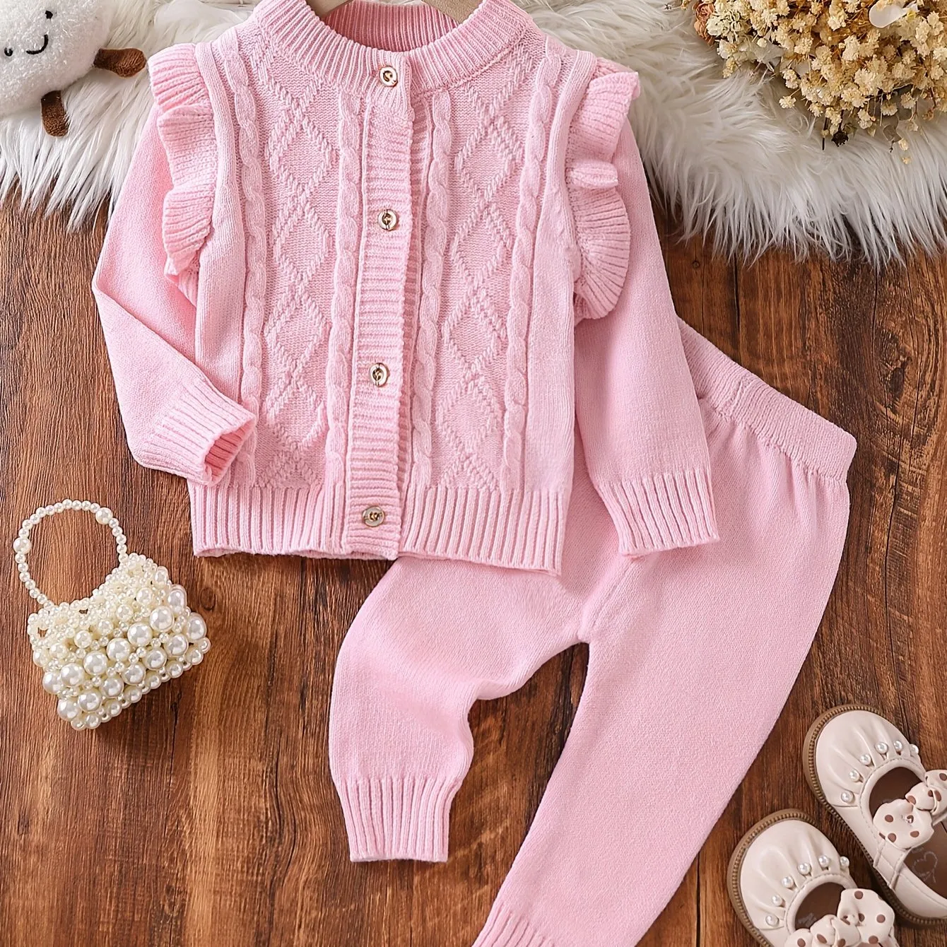 2pcs Baby's Solid Color Cable Knit Cardigan   Casual Knitted Pants, Toddler & Infant Girl's Clothing Set