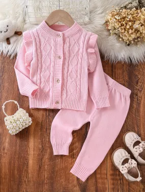 2pcs Baby's Solid Color Cable Knit Cardigan   Casual Knitted Pants, Toddler & Infant Girl's Clothing Set