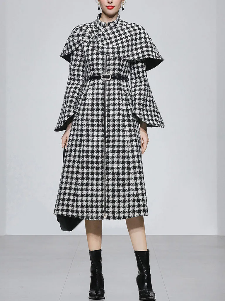 2PS Stand Collar Flared Sleeve  Houndstooth Wool Coat With Retrievable Cape