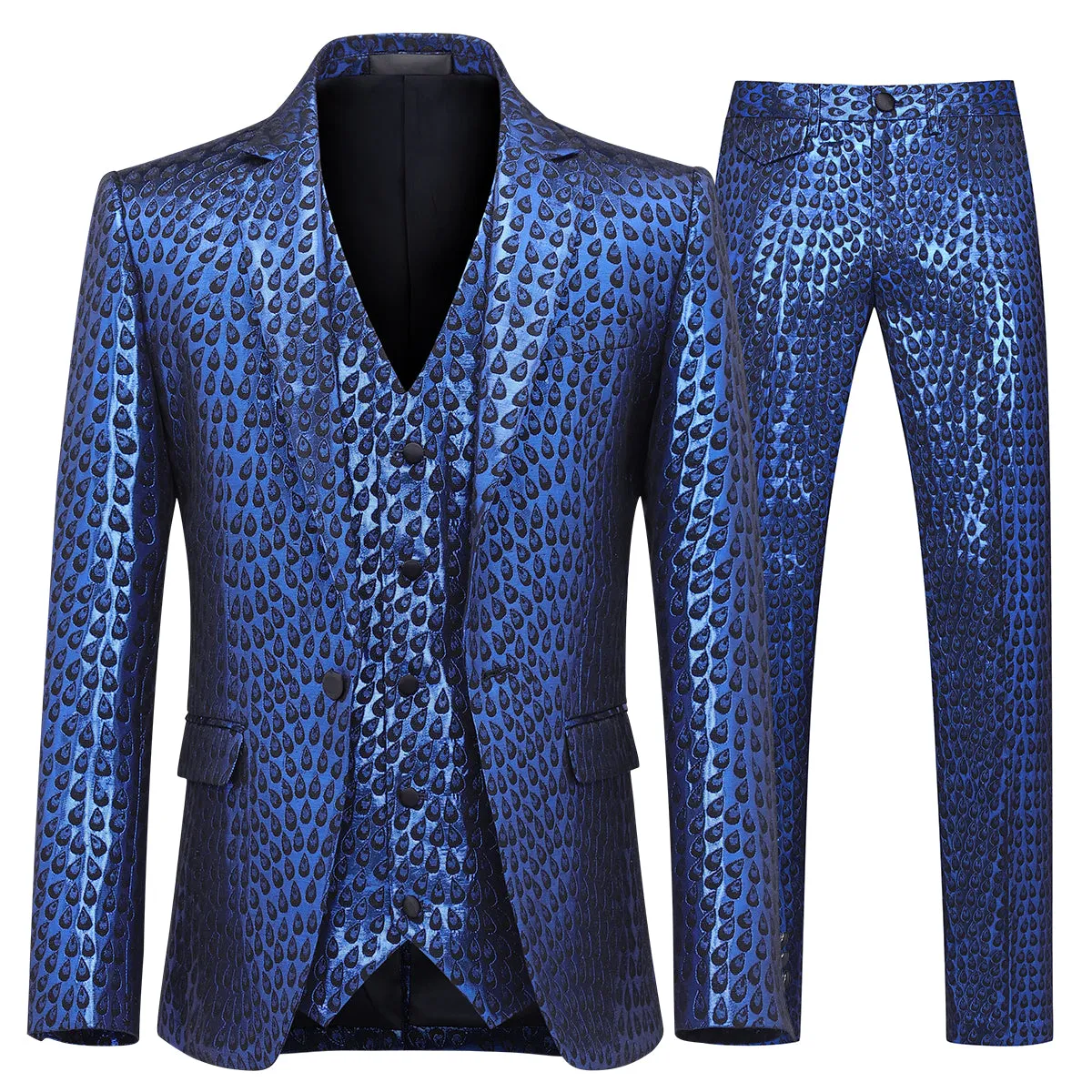 3-Piece Set Blue Shiny Jacquard Dress Suit