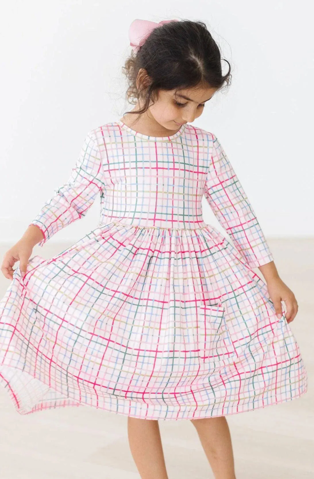 3/4 Sleeve Pocket Twirl Dress - Pink Plaid