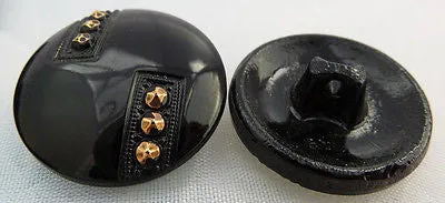 6 French Deco Black & Gold Big 2.3cm Vintage Glass Buttons