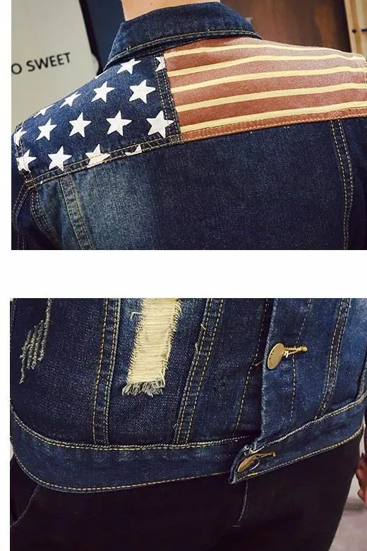 American Flag Printed Slim Fit Denim Jacket