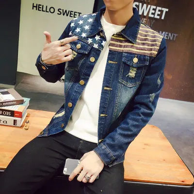 American Flag Printed Slim Fit Denim Jacket