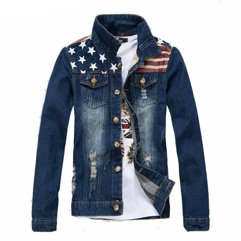 American Flag Printed Slim Fit Denim Jacket