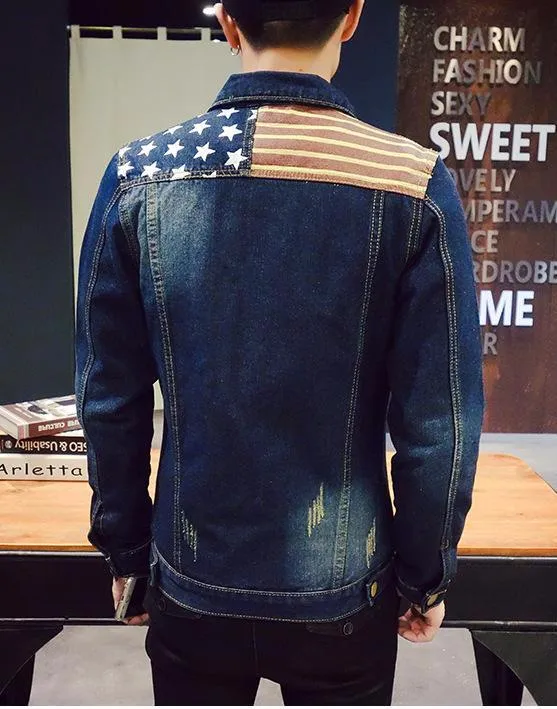 American Flag Printed Slim Fit Denim Jacket