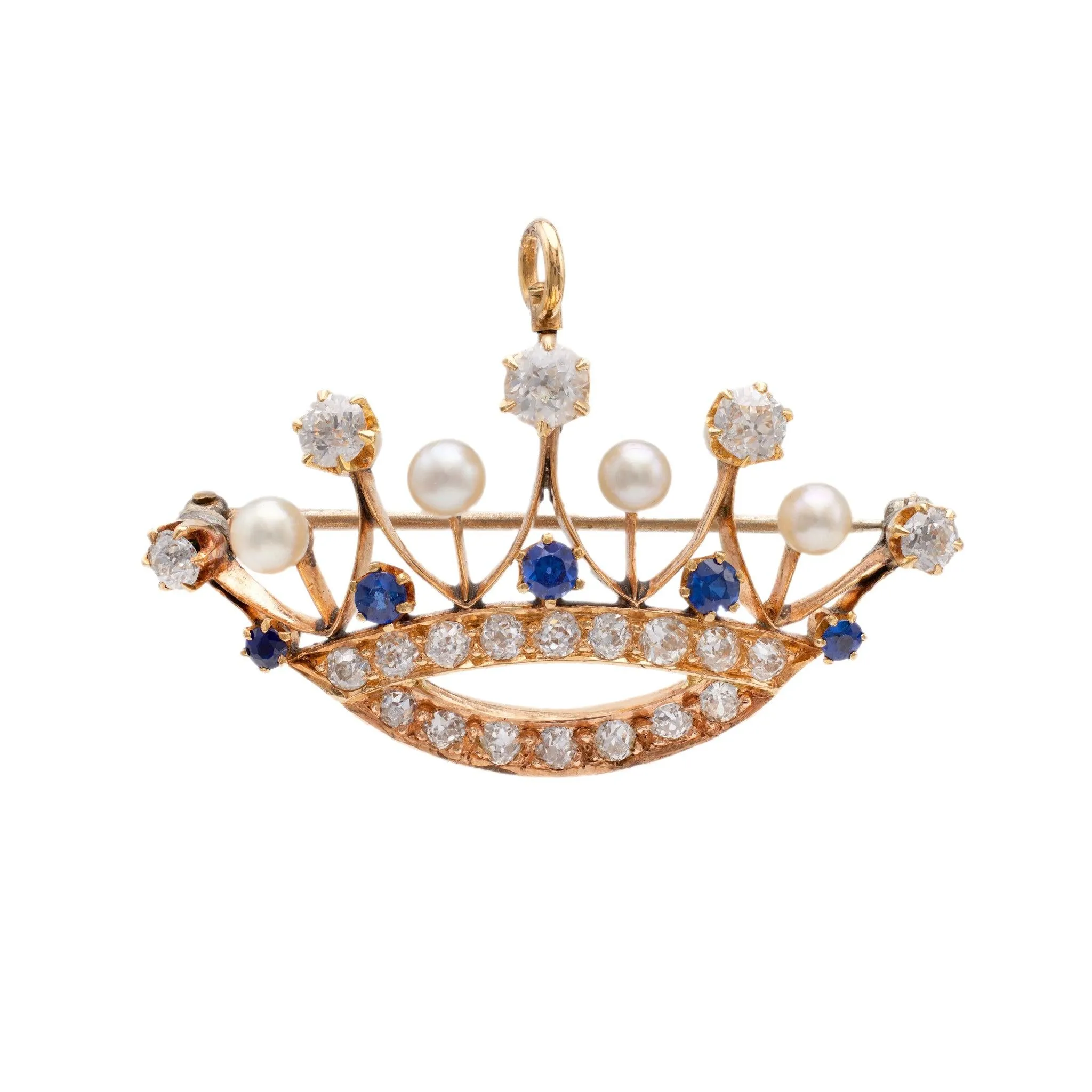 Antique Diamond, Sapphire, and Pearl 14k Yellow Gold Crown Brooch