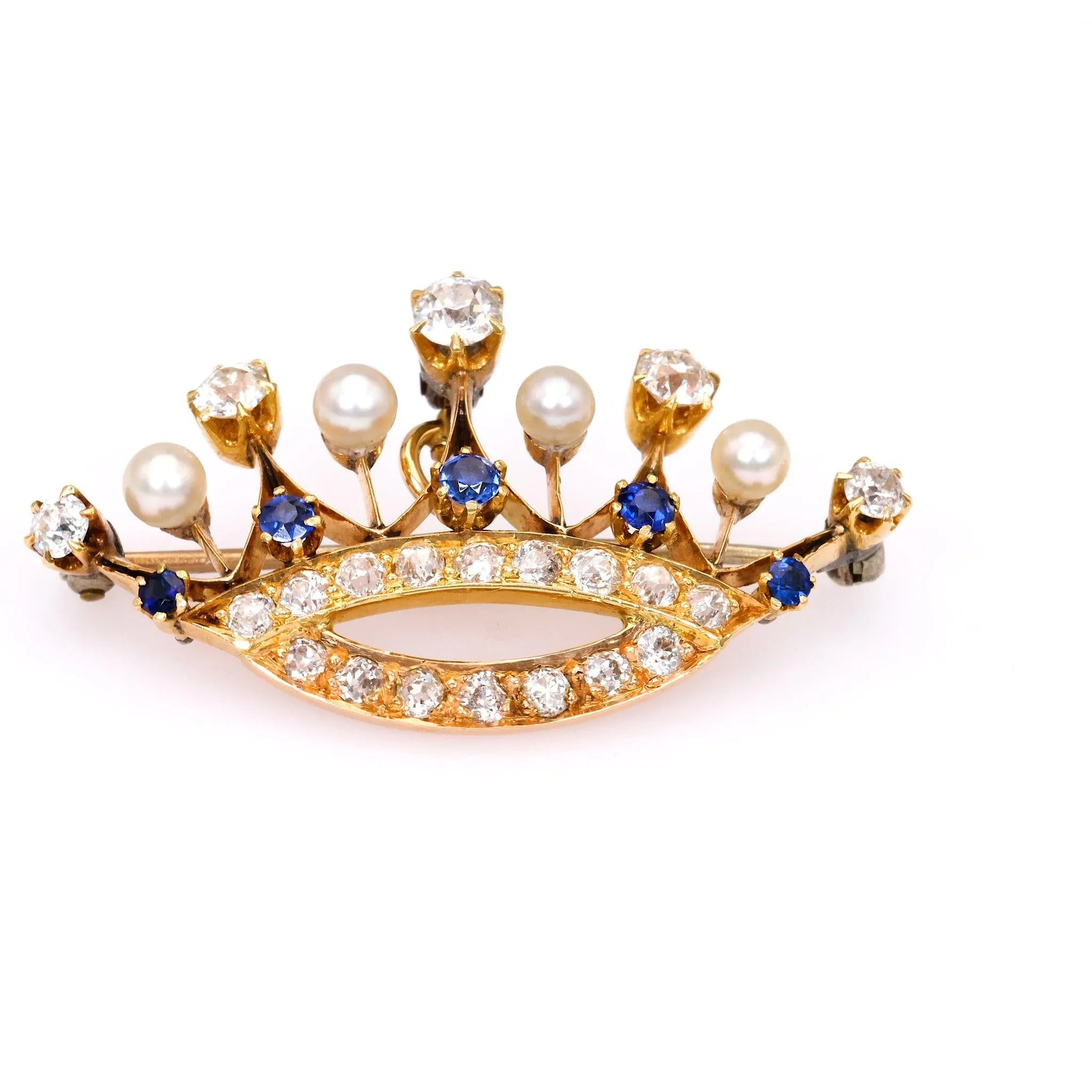 Antique Diamond, Sapphire, and Pearl 14k Yellow Gold Crown Brooch