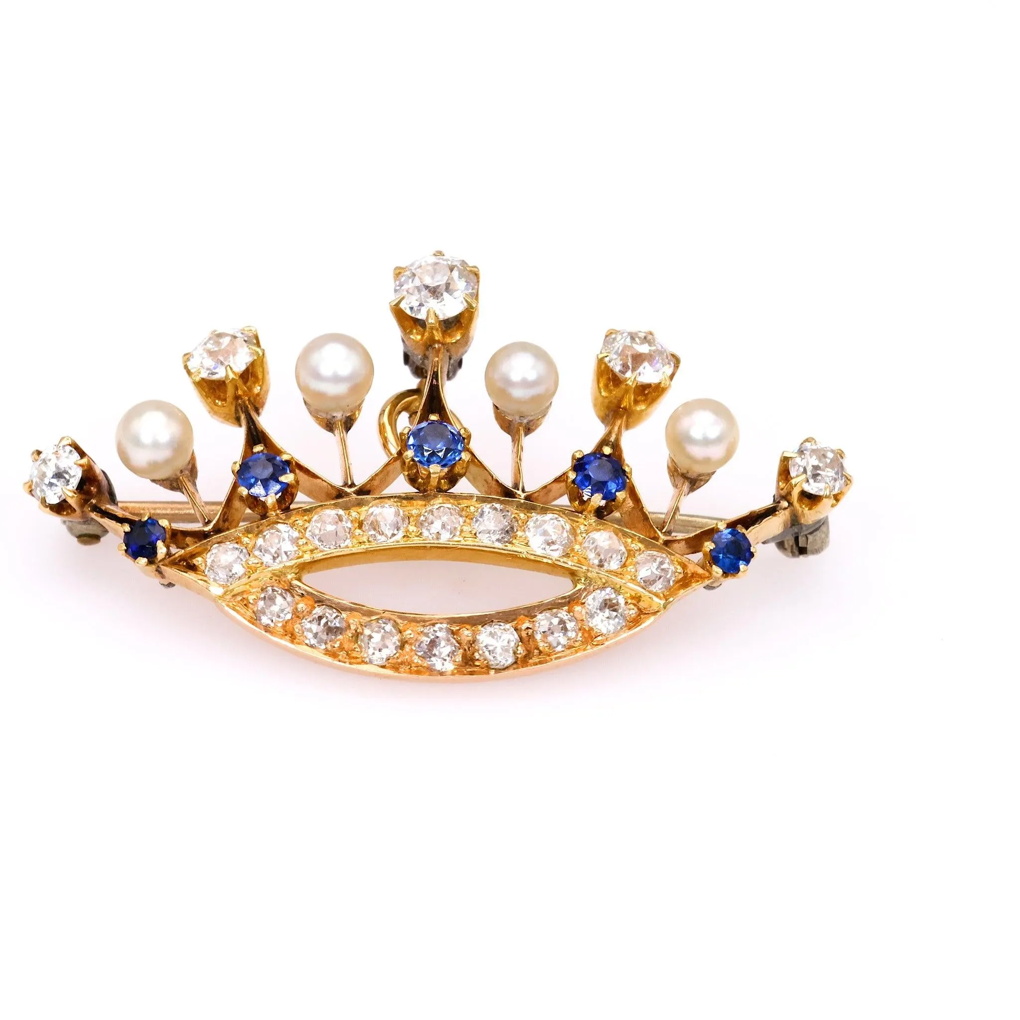 Antique Diamond, Sapphire, and Pearl 14k Yellow Gold Crown Brooch