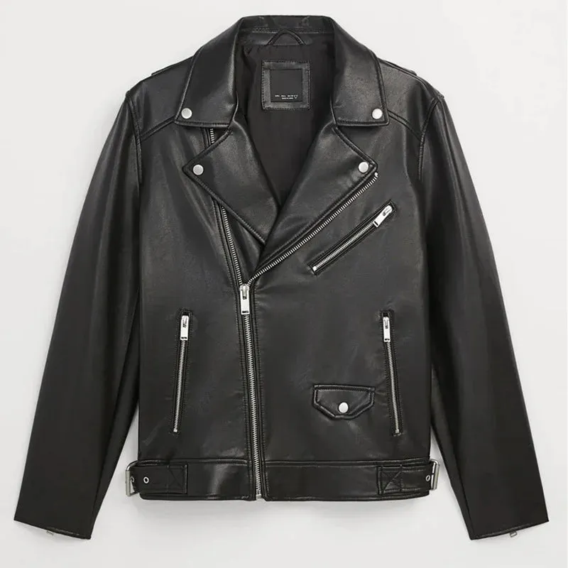 Autumn Men's PU Leather Jacket Fashionable Lapel Imitation 2023 American Solid Color Darkwear Zipper Male Coat 9A5940