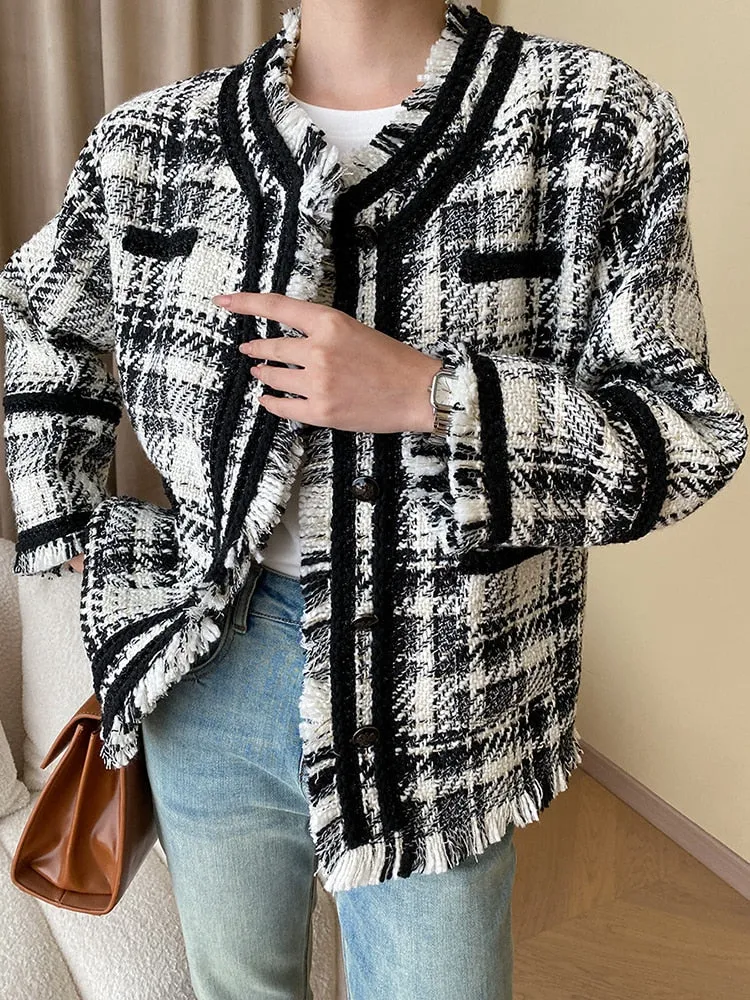 Autumn Spliced Tassel Houndstooth Coats For Women Round Neck Long Sleeve Single Breasted Woven Tweed Coat Female