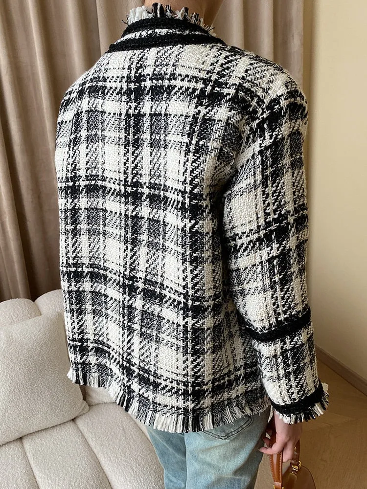 Autumn Spliced Tassel Houndstooth Coats For Women Round Neck Long Sleeve Single Breasted Woven Tweed Coat Female