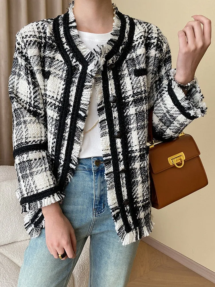 Autumn Spliced Tassel Houndstooth Coats For Women Round Neck Long Sleeve Single Breasted Woven Tweed Coat Female