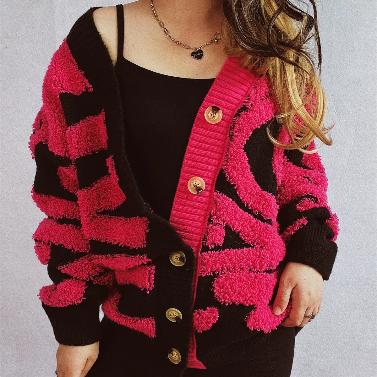 Autumn Winter V Collar Contrast Color Irregular Asymmetric Zebra Pattern Cardigan Coat Sweater Women