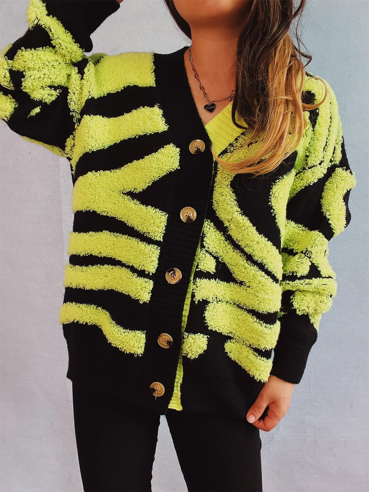 Autumn Winter V Collar Contrast Color Irregular Asymmetric Zebra Pattern Cardigan Coat Sweater Women