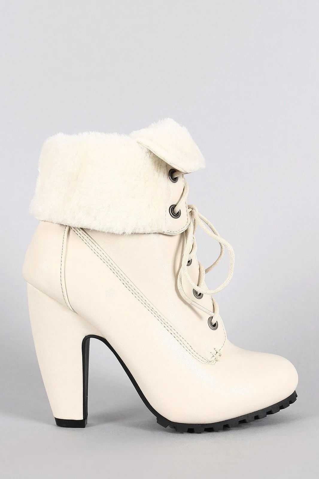 Bamboo Fold-Over Faux Fur Collar Heeled Oxford Booties