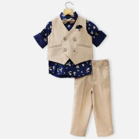 Beige Waistcoat With Blue Floral Shirt & Pant