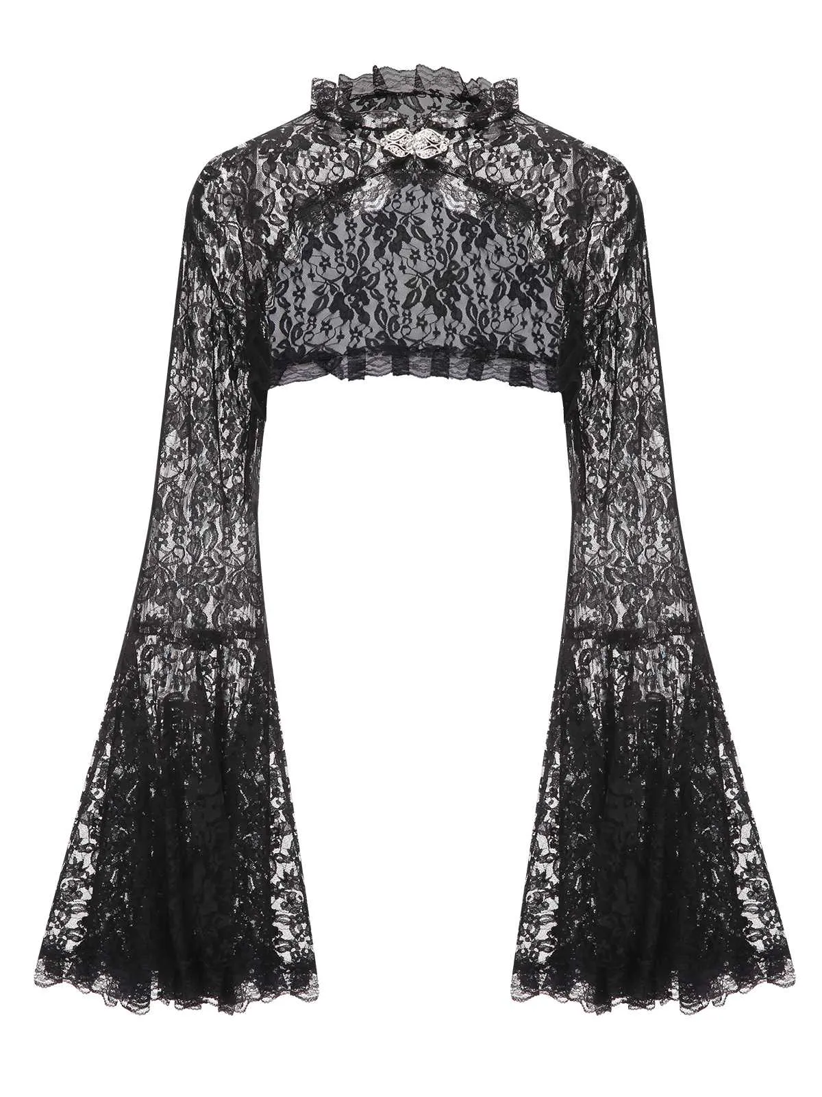 Black 1970s Flare Sleeved Lace Sheer Cape