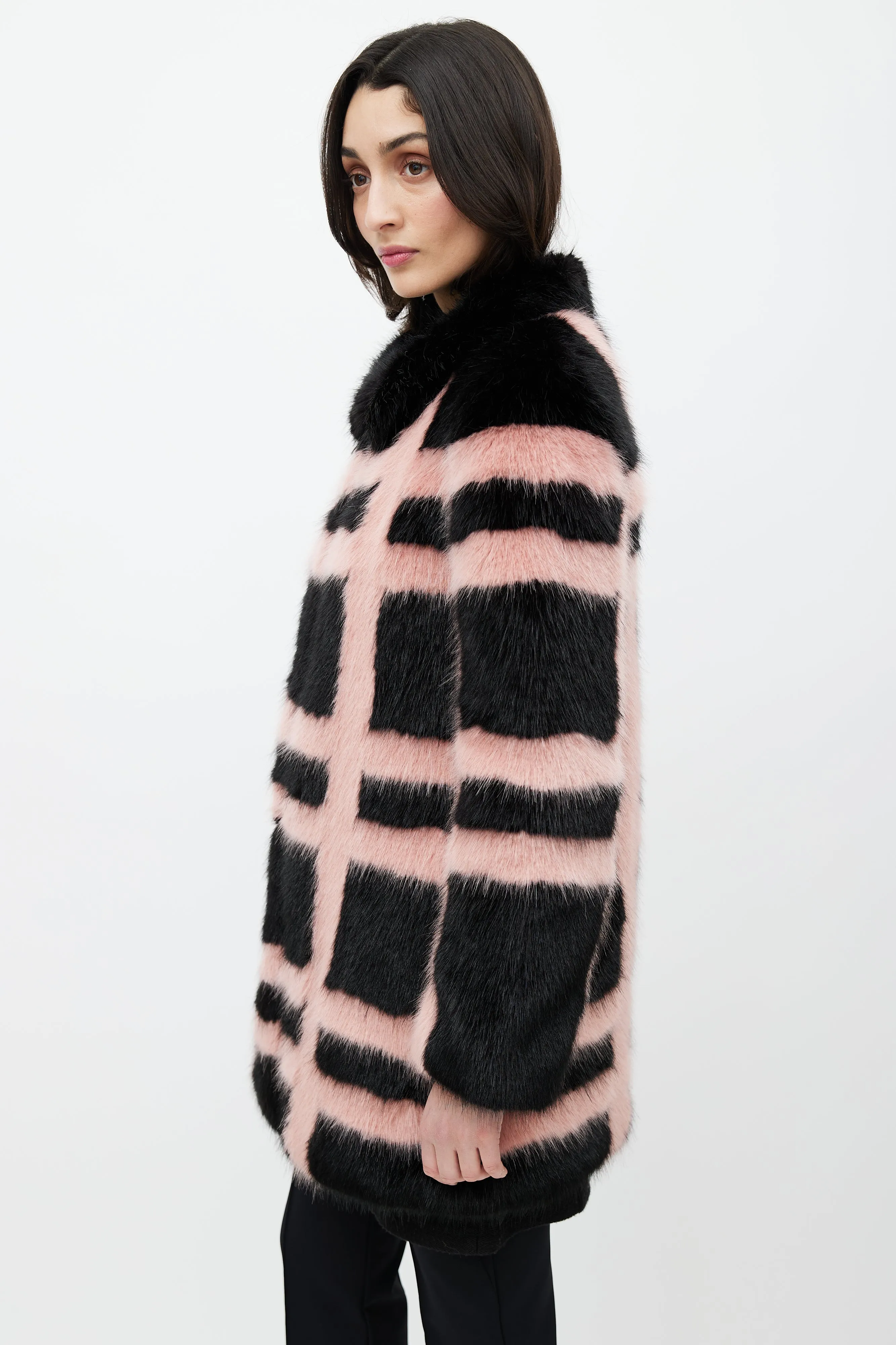 Black & Pink Faux Fur Grid Coat