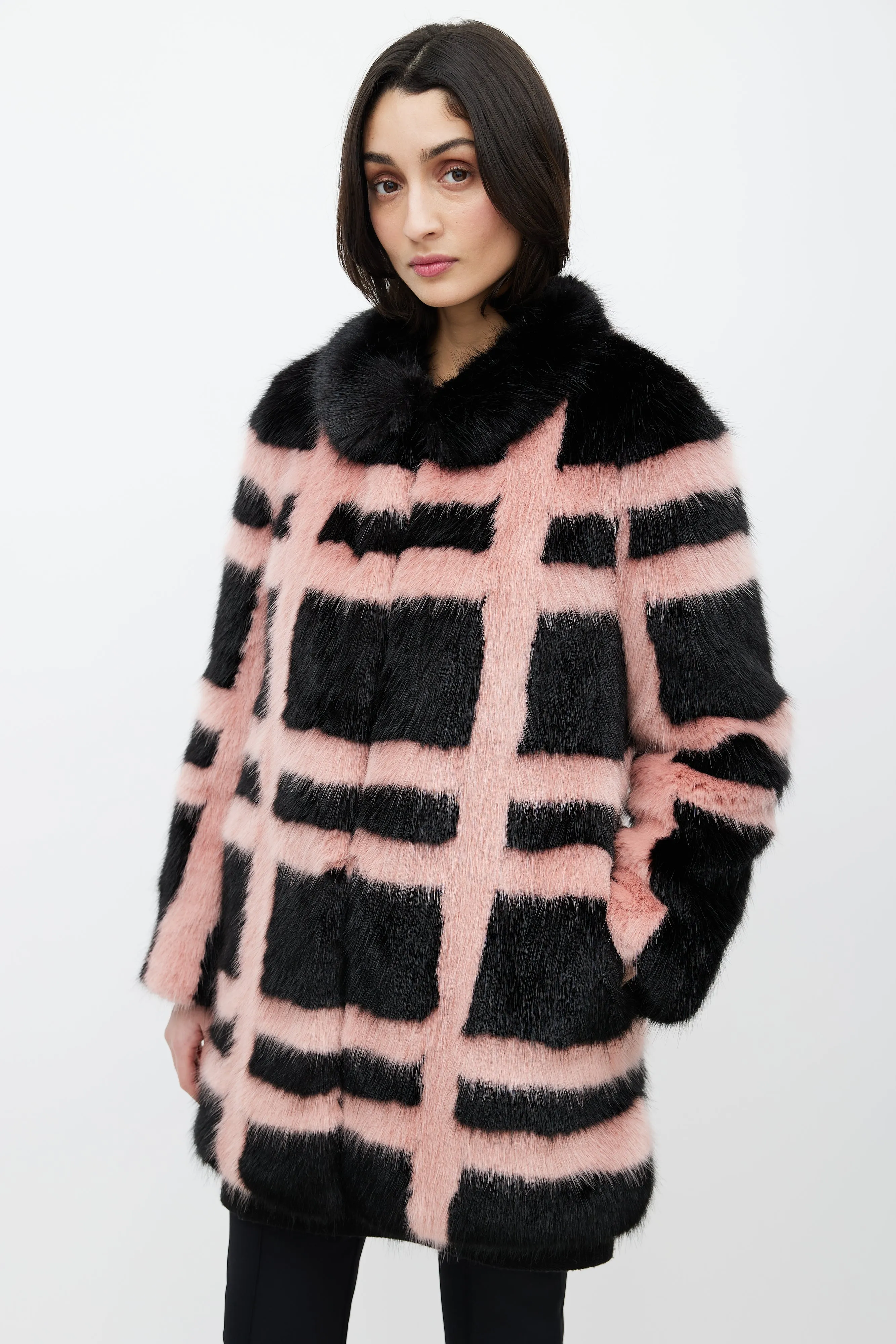 Black & Pink Faux Fur Grid Coat