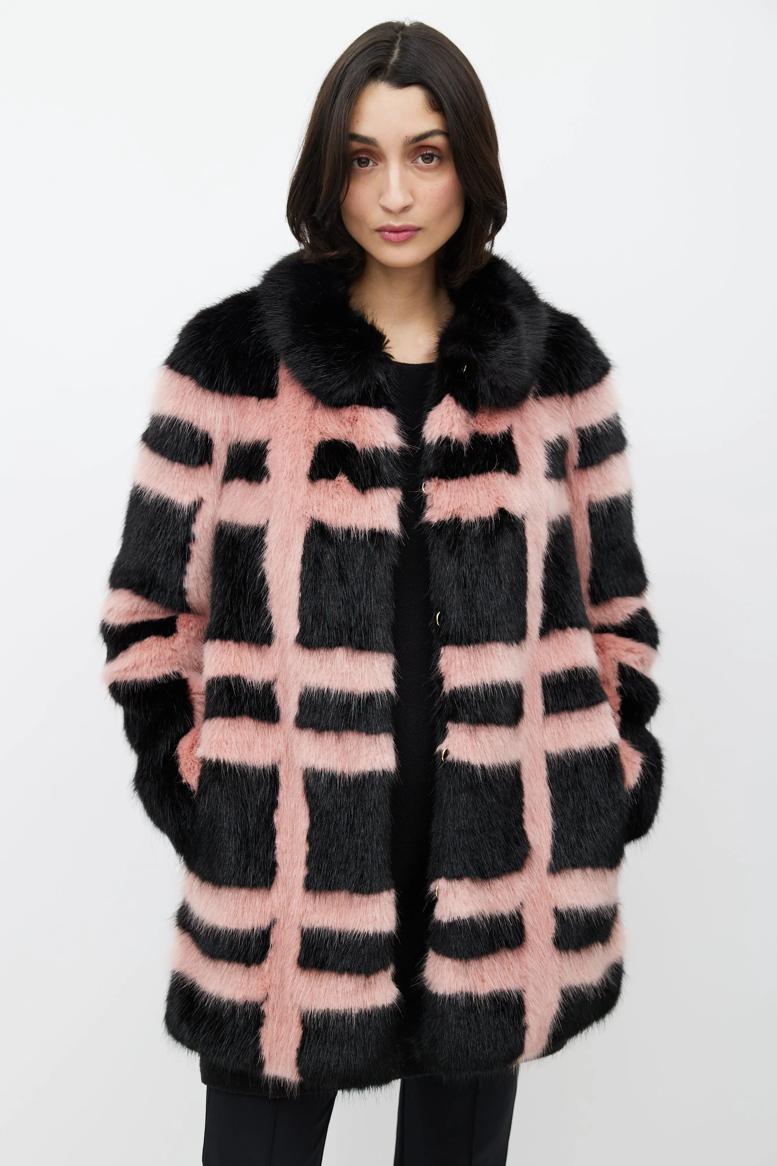 Black & Pink Faux Fur Grid Coat