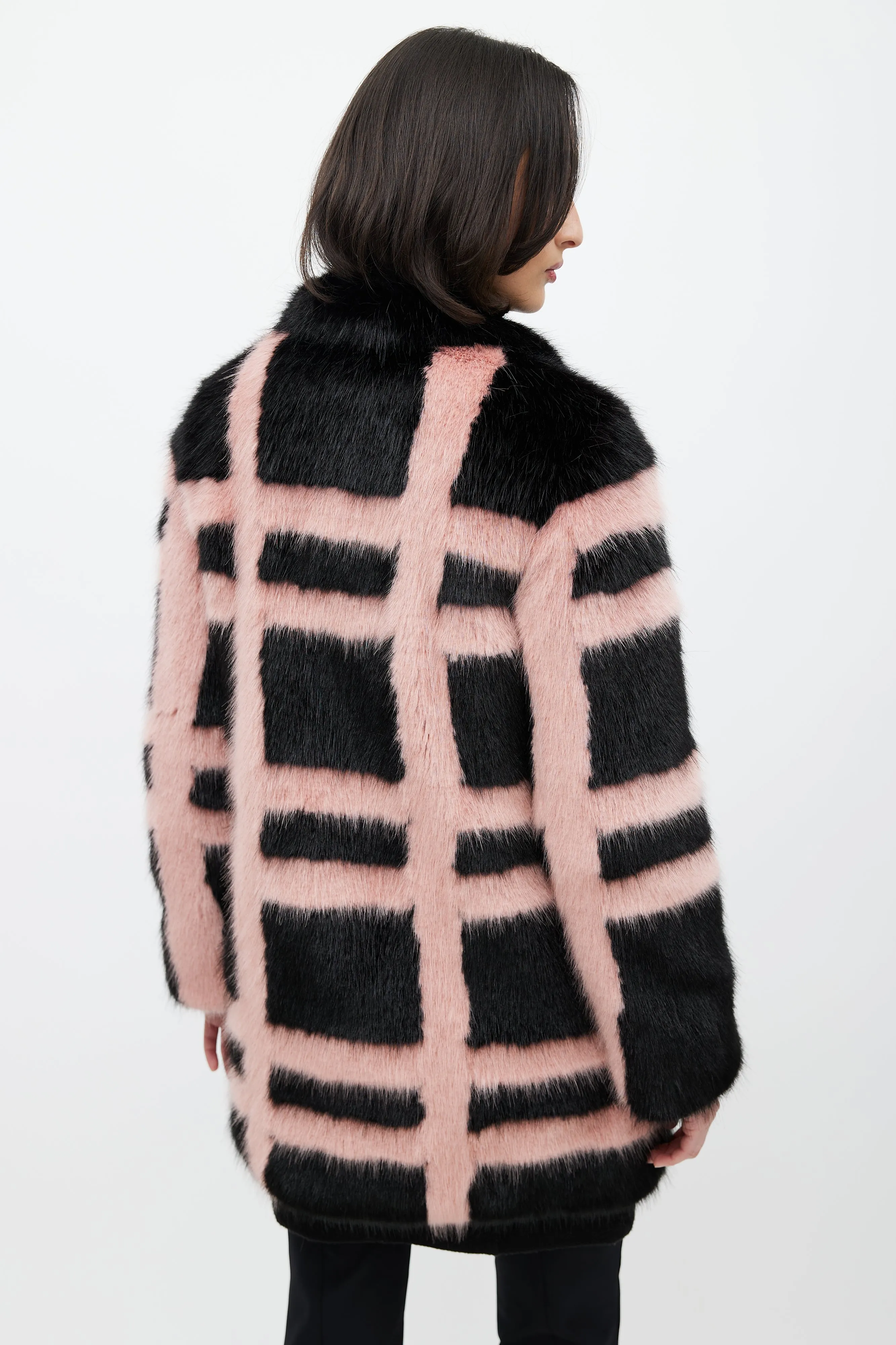 Black & Pink Faux Fur Grid Coat