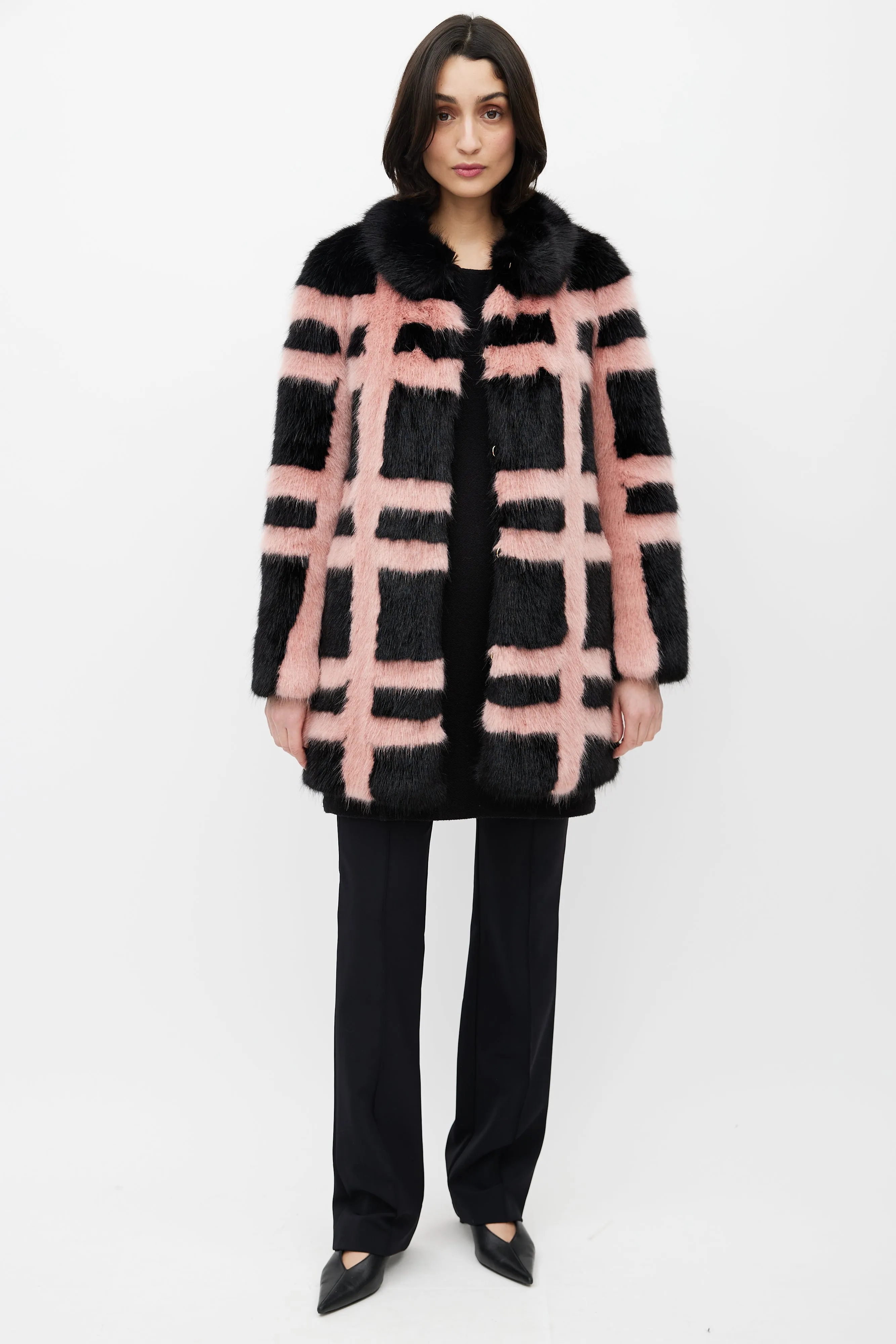 Black & Pink Faux Fur Grid Coat