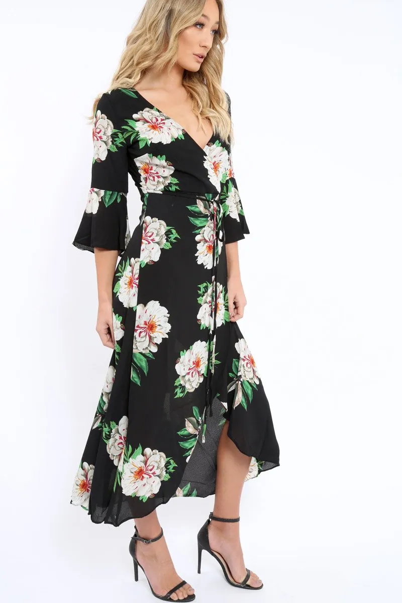 Black Floral Wrap Dress - Adley