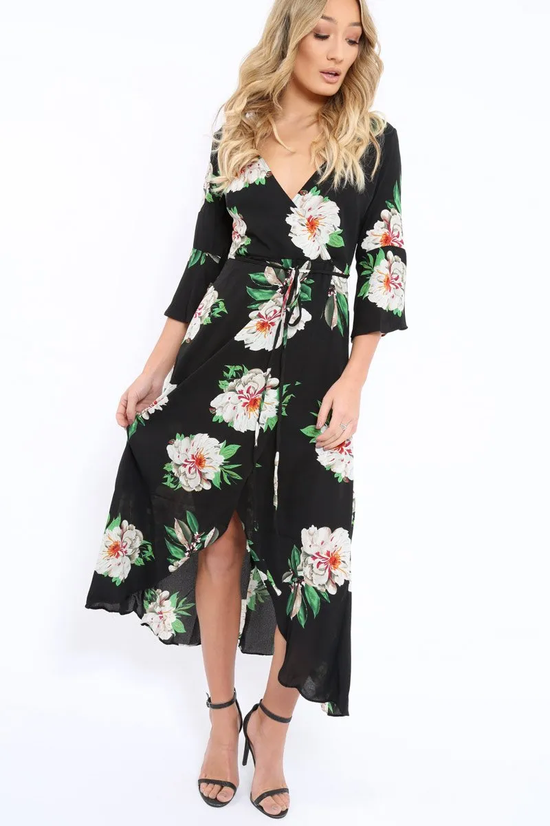 Black Floral Wrap Dress - Adley